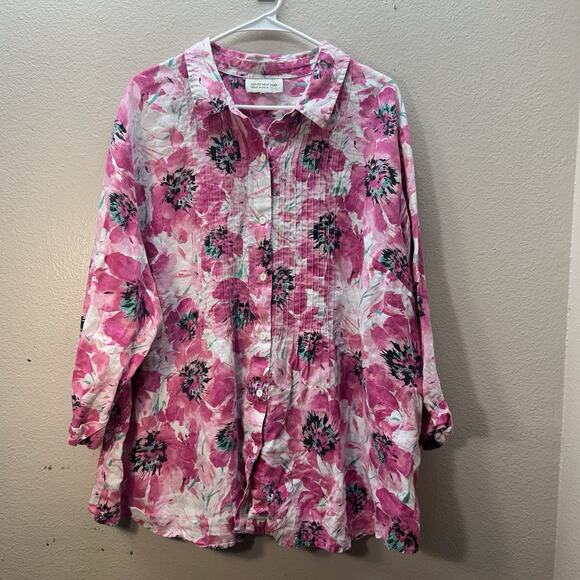 Jones New York 100% Linen Floral Button Up Shirt Plus Size 2X Pink Oversized - Picture 1 of 7